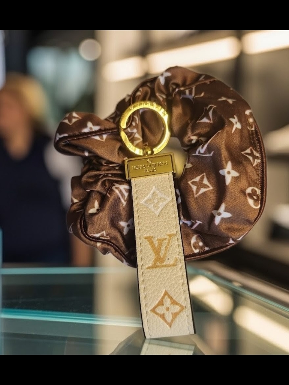 Louis Vuitton Brown Monogram Satin Scrunchie & Cream Leather Monogram Key Strap